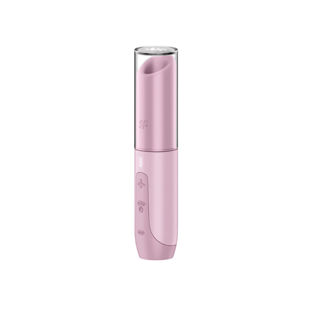 The Satisfyer Secret Kiss is a pink, cylindrical electronic device with front-side buttons, including power and adjustment controls. It features a transparent cap, WiFi indicator, discreet design, and travel-ready build akin to an Air Pulse Vibrators sleek ergonomic shape.