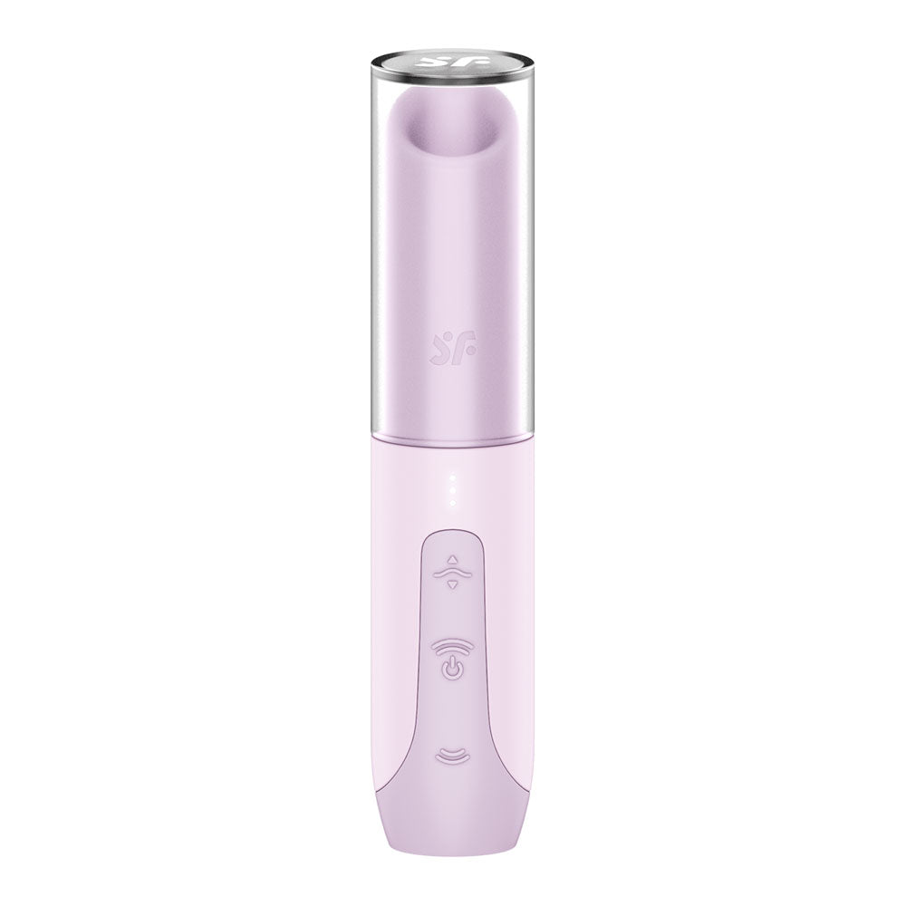 The Satisfyer Secret Kiss - Lilac USB Rechargeable Air Pulse Stimulator is a sleek, cylindrical device in light purple with a discreet design. It features a metallic top, travel-ready form, small logo in the middle, and buttons with symbols and LED indicators on the bottom for modern elegance.