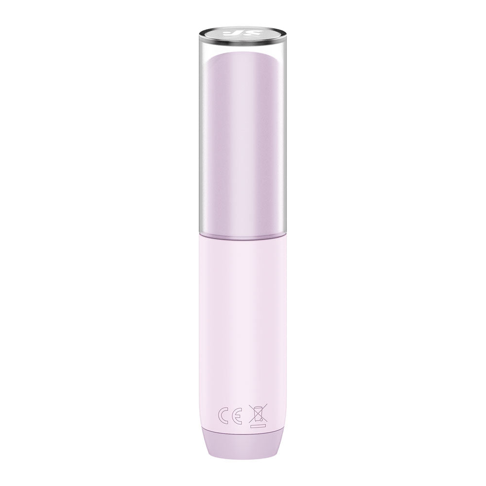 The Satisfyer Secret Kiss features a sleek lavender cylindrical container with a darker metallic reflective cap. Its discreet, travel-ready design is perfect for on-the-go essentials. The bottom displays certification symbols, including CE markings, on a white background.