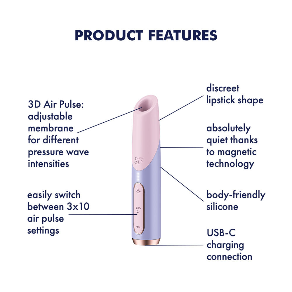 The Satisfyer Bold Kiss - Purple is an elegant Air Pulse Vibrator with a pink top and purple body in a discreet lipstick shape. It features 3D Air Pulse tech, adjustable pressure wave intensities, quiet magnetic operation, body-friendly silicone, and USB-C charging.