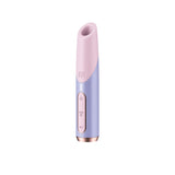 The Satisfyer Bold Kiss features a cylindrical, pastel design with an oval opening at the top. It has a luxury appearance with embossed controls, a pink upper section, and a light blue base. Adjustable pressure wave intensities are enhanced by a small metallic accent at the bottom.