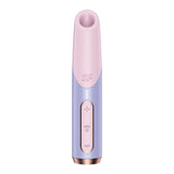 Experience luxury with the Satisfyer Bold Kiss, an Air Pulse Vibrator in a sleek design. This USB rechargeable stimulator features a light pink top and lavender base with three adjustable buttons, a cylindrical shape, and elegant metallic accents.