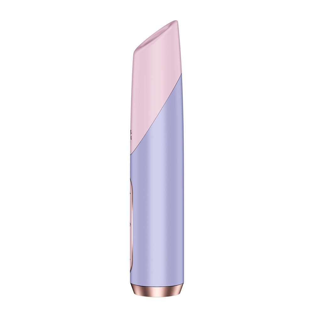 The Satisfyer Bold Kiss - Purple USB Rechargeable Air Pulse Stimulator features a vertically streamlined, two-toned design with a soft pink top and light purple bottom on a rose gold base. Its ergonomic curves suggest innovative features like adjustable pressure wave intensities.