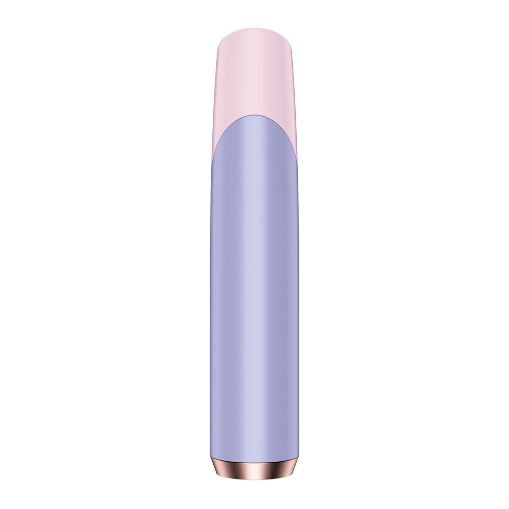 The Satisfyer Bold Kiss is a cylindrical Air Pulse Stimulator with a pastel pink top, lavender bottom, and metallic gold trim. It features a smooth surface and offers adjustable pressure wave intensities for a modern, minimalist experience.