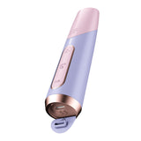 The Satisfyer Bold Kiss is a cylindrical purple USB rechargeable air pulse stimulator with pastel pink and lavender hues, gold base, power button, and side controls for volume and pressure adjustments—offering a sleek, luxurious design.