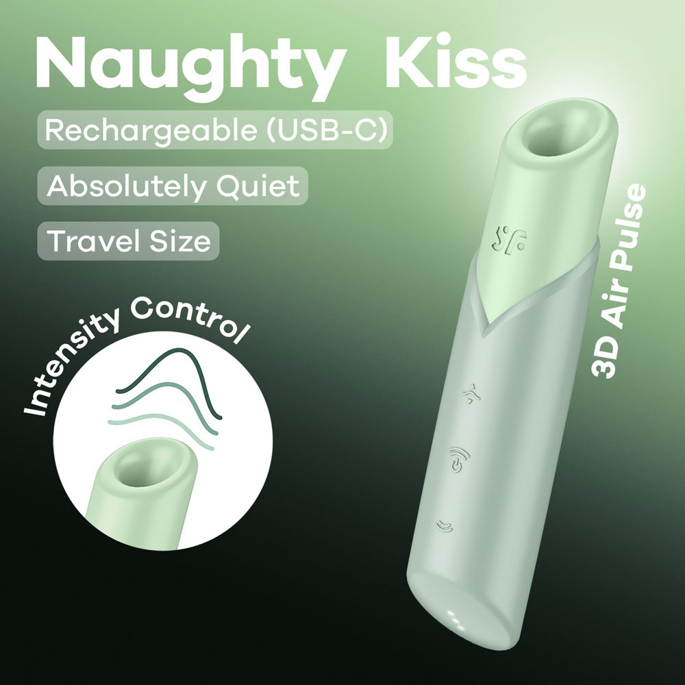 Set against a green gradient backdrop, the mint green Satisfyer Naughty Kiss USB Rechargeable Air Pulse Stimulator stands out with its sleek wave-pattern design. Its quiet, travel-friendly, waterproof, and offers intensity control for ultimate convenience.