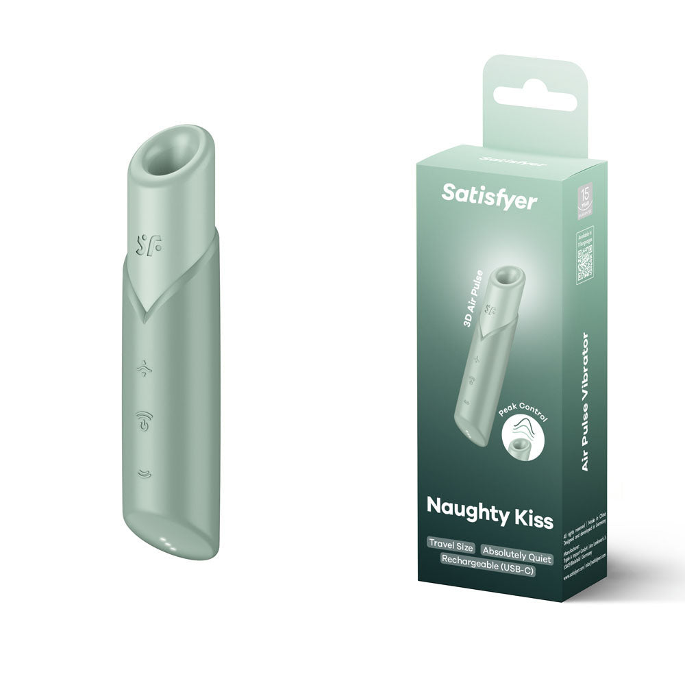 An image of the mint green Satisfyer Naughty Kiss USB Rechargeable Air Pulse Stimulator shows its sleek, cylindrical design with a tapered tip, magnetic technology, and side controls. The IPX7 waterproof vibrators packaging highlights travel size, quiet operation, and USB-C rechargeability.