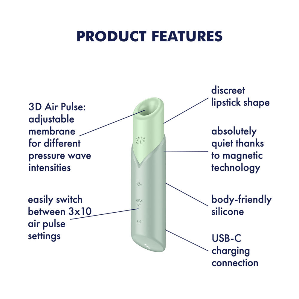 The Satisfyer Naughty Kiss in mint green is a discreet, lipstick-shaped Air Pulse Stimulator offering 3D adjustable pressure waves across 30 settings. Its waterproof, quiet with magnetic tech, crafted from body-safe silicone, and USB-C rechargeable.