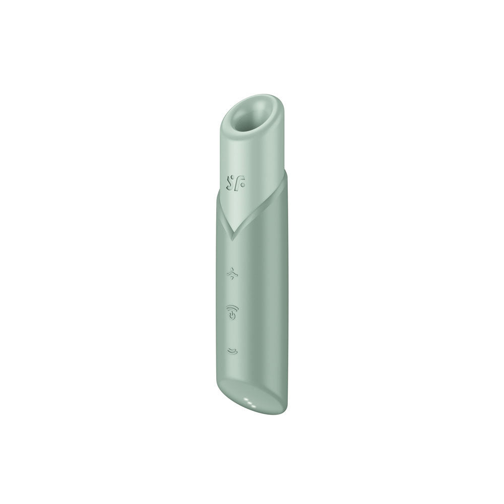 The Satisfyer Naughty Kiss, a mint green USB rechargeable air pulse stimulator, features a sleek, waterproof design resembling an inhaler with a cylindrical shape, slanted top, and oval opening. Embossed icons hint at its functions, set intriguingly against a plain white background for mystery and simplicity.