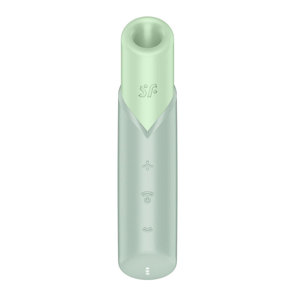 The Satisfyer Naughty Kiss is a sleek, mint green, USB rechargeable air pulse stimulator with a waterproof design. It features three minimalist icons—fan, wireless connectivity, and smile—in a vertical line on the front, embodying smooth futuristic style with simplicity and functionality.