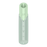 The Satisfyer Naughty Kiss is a sleek, mint green, USB rechargeable air pulse stimulator with a waterproof design. It features three minimalist icons—fan, wireless connectivity, and smile—in a vertical line on the front, embodying smooth futuristic style with simplicity and functionality.