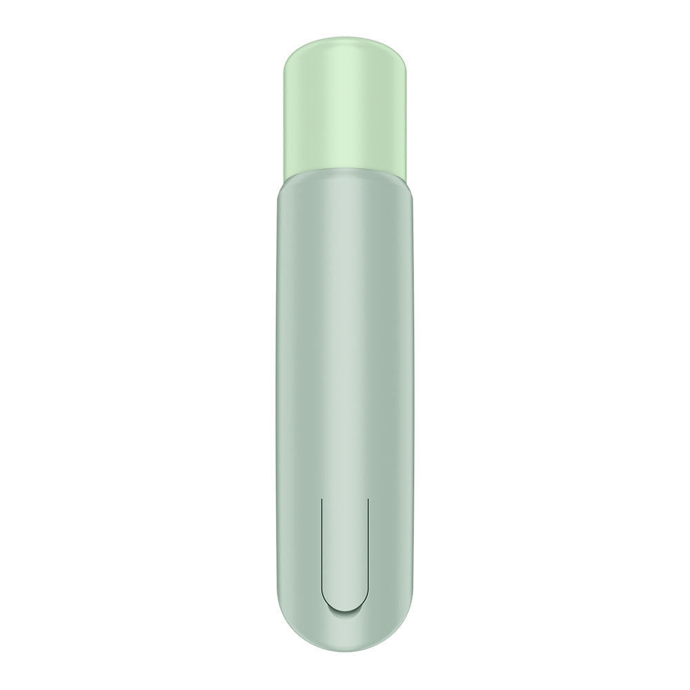 The Satisfyer Naughty Kiss in mint green is a sleek, cylindrical air pulse stimulator with a matching slightly translucent waterproof cap. Its minimalist design features a subtle indentation near the base, adding a modern touch to this USB rechargeable accessory.