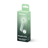 The mint green Satisfyer Naughty Kiss - USB Rechargeable Air Pulse Stimulator is sleek and cylindrical, featuring Travel Size, Absolutely Quiet, and waterproof design for on-the-go convenience. The box includes a hanging tab and product illustration on the front.