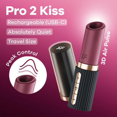 The image features the Satisfyer Pro 2 Kiss, a compact USB-C rechargeable air pulse stimulator in burgundy and black with golden buttons. It boasts Peak Control and 3D Air Pulse tech for quiet operation and is travel-friendly, ideal for sexual wellness. A circular inset shows the top view.