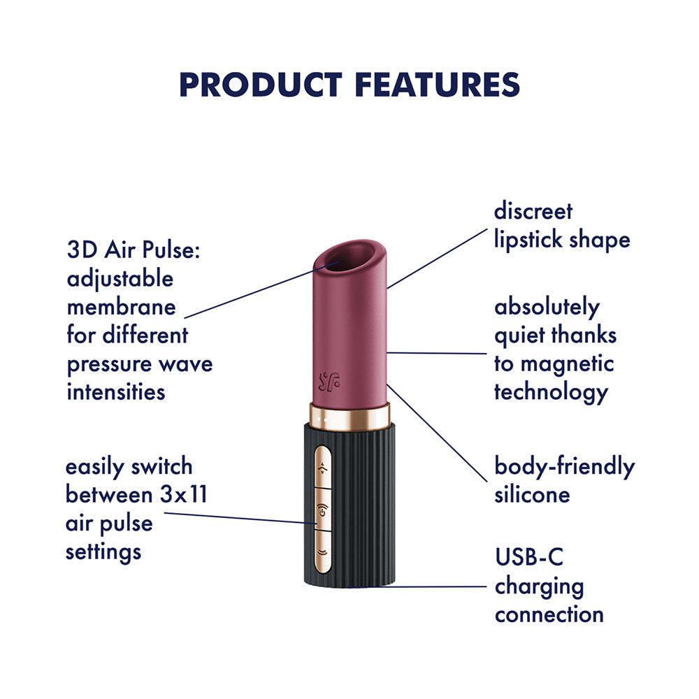 The Satisfyer Pro 2 Kiss, a discreet lipstick-shaped device, features 3D Air Pulse with an adjustable membrane, a switch for 3x11 settings, and quiet magnetic technology. Made from body-friendly silicone, it enhances sexual wellness and includes USB-C charging. Available in red/black.