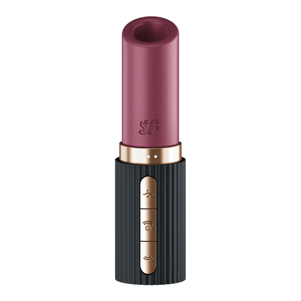 The Satisfyer Pro 2 Kiss, a lipstick-like gadget in red and black with gold accents, has a textured grip, function button, and lights. Its open-ended top contrasts beautifully with metallic finishes for pressure wave stimulation, enhancing sexual wellness.