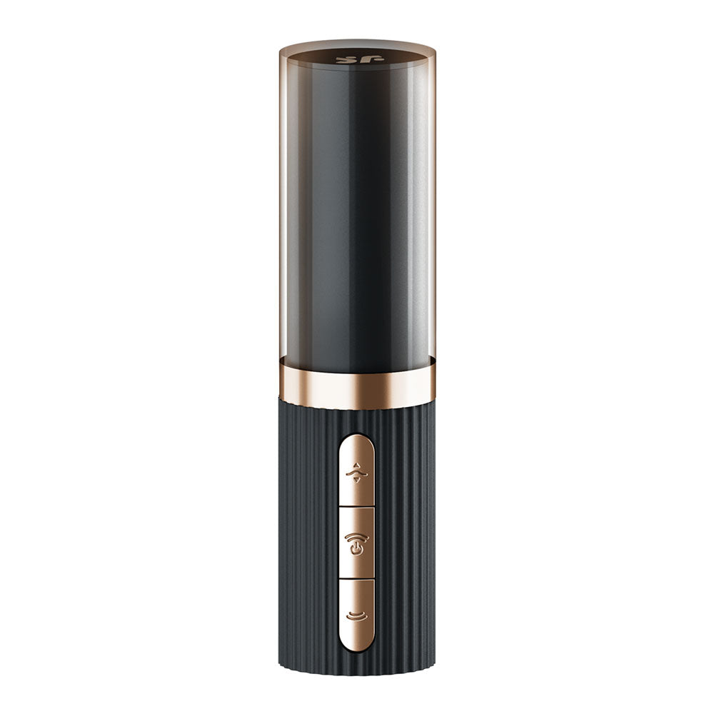 A sleek, cylindrical translation device with a metallic top and black ribbed bottom features three gold buttons for speech, Wi-Fi, and power on its front. Its modern design parallels the innovative Satisfyer Pro 2 Kiss - Red/Black USB Rechargeable Air Pulse Stimulator.