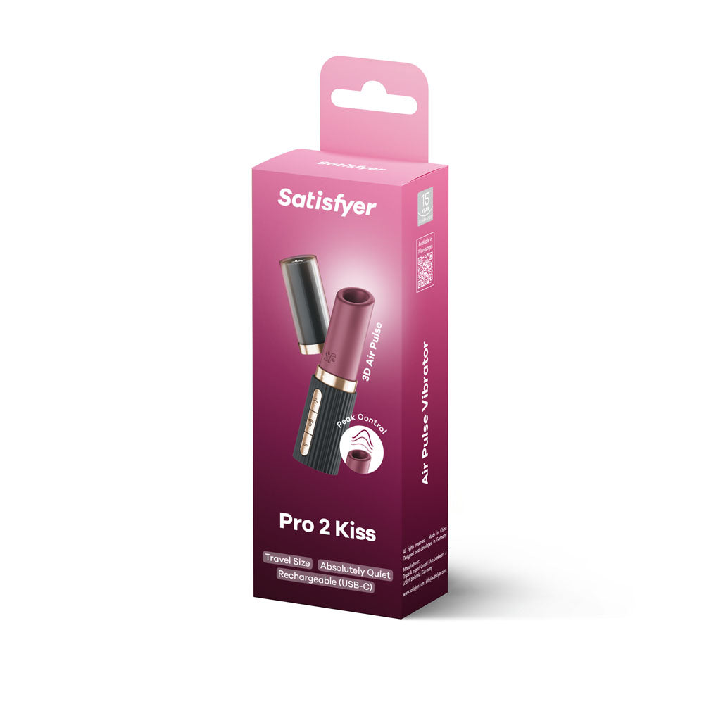 The image displays the packaging of the Satisfyer Pro 2 Kiss - Red/Black USB Rechargeable Air Pulse Stimulator, highlighting its travel size and pressure wave stimulation features in a compact pink box with a hang tab.