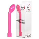 The image features the Adam & Eve G-Gasm Delight - Pink 17.8 cm (7) Vibrator with a flexible design and curved, smooth tip next to its packaging. The box highlights ultimate G-spot orgasms, waterproof design, and multi-speed vibrations for targeted pleasure.