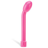 The Adam & Eve G-Gasm Delight, a pink 17.8 cm vibrator with a curved plastic design and rounded tip, hints at a wand or massager. A wider base enhances grip for multi-speed vibrations. Standing against a white background, it casts shadows to the left due to light from the right.