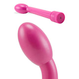 The Adam & Eve G-Gasm Delight - Pink Vibrator features an elongated design with a rounded, bulbous head. Shown in full-length and close-up views, it offers multi-speed vibrations with a simple, glossy texture.