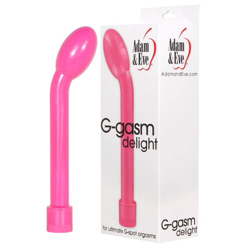 The Adam & Eve G-Gasm Delight - Pink 17.8 cm vibrator features a curved design with a rounded tip, offering multi-speed vibrations. Its waterproof, ideal for ultimate G-spot orgasms, and comes showcased with its packaging.