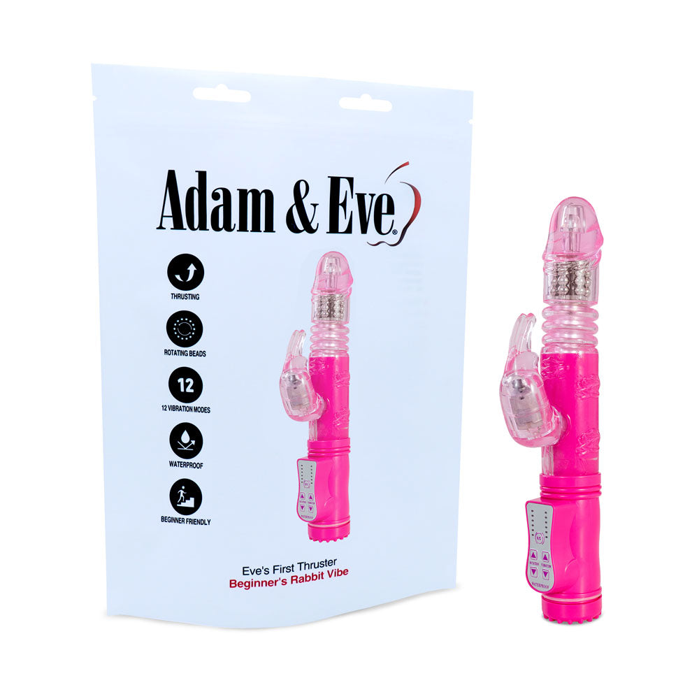 The Adam & Eve Eves First Thruster - Pink 24.75 cm (9.75) offers a vibrant pink color with a rabbit-shaped clitoral stimulator, rotating beads, and multiple vibration modes. It comes in Adam & Eve packaging with a clear cap and is waterproof, perfect for beginners seeking excitement.