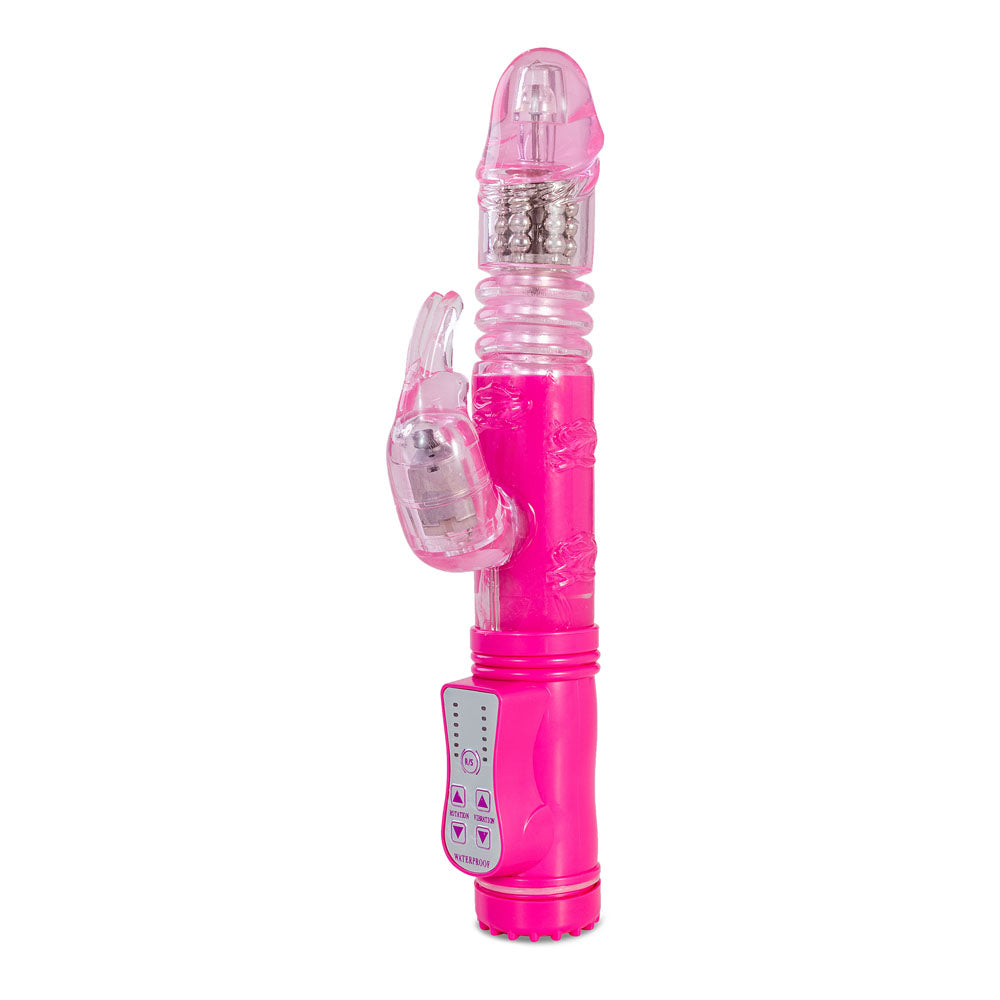 The Adam & Eve Eves First Thruster is a 24.75 cm pink vibrating rabbit with a clear, rotating head featuring beads, a separate rabbit-shaped clitoral stimulator, and an adjustable control panel. Its smooth finish is enhanced by textured details for added pleasure.