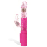 The Adam & Eve Eves First Thruster is a pink 24.75 cm rabbit vibrator with a semi-transparent exterior. It features a rotating, thrusting shaft, a clitoral stimulator shaped like rabbit ears, metallic beads for extra stimulation, and a textured grip base. This waterproof delight is perfect for enhanced pleasure.