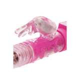 The Adam & Eve Eves First Thruster—a pink 24.75 cm thrusting rabbit vibrator—offers a thrilling experience with its rabbit-shaped clitoral stimulator, textured grip, rotating beads, waterproof design, and perfectly positioned ears for unmatched sensations.