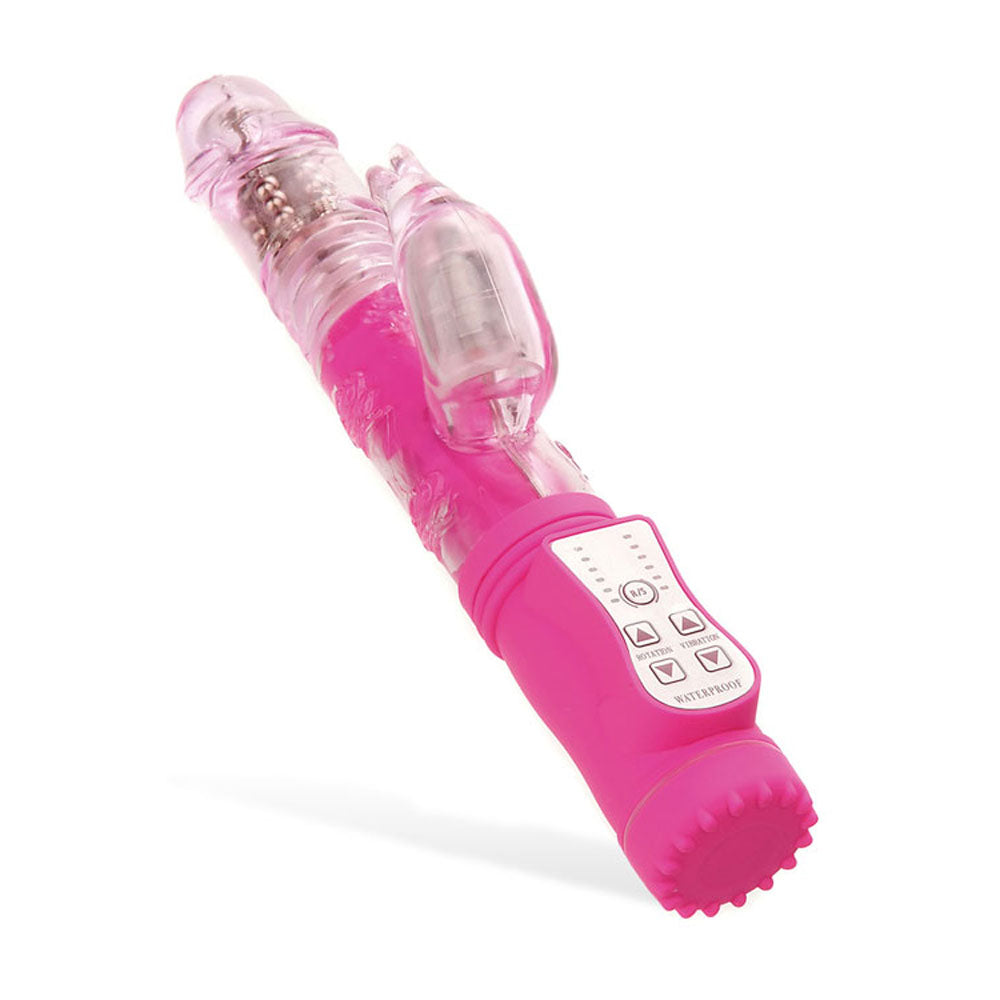 The Adam & Eve Eves First Thruster is a pink, transparent rabbit vibrator with a thrusting mechanism, curved tip, and rotating beads. It has a rabbit ear-shaped clitoral stimulator and features easy power and speed adjustments on its waterproof-labeled control panel for personalized pleasure.