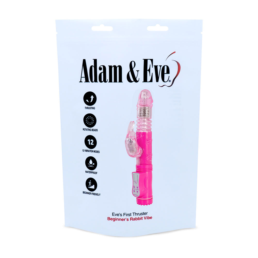 Packaging of the Adam & Eve Eves First Thruster - Pink: A 24.75 cm thrusting rabbit vibrator featuring rotating beads, 12 vibration modes, and a waterproof design. The image showcases a pink thruster with an external stimulator on a light blue background.