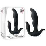 Black silicone Adam & Eve 3-Point Prostate Massager is USB rechargeable, featuring three curved points with adjustable vibration speeds. Its ergonomic design offers targeted stimulation, shown next to its box displaying the brand logo and product name for a sleek, smooth finish.