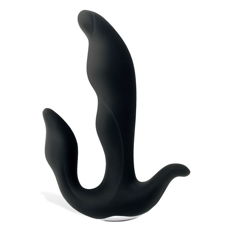 The Adam & Eve 3-Point Prostate Massager in black features a smooth, matte finish with a sculpted ergonomic design. Its artistic, modern sculpture-like form offers two distinct curves with rounded tips and a stable base, adjustable vibration speeds, and USB-rechargeable functionality for a tailored experience.