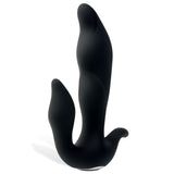 The Adam & Eve 3-Point Prostate Massager, a USB rechargeable device, features a sleek black silicone design with smooth abstract curves. Its upright stance on a flat base showcases large and small curves, enhanced by a matte finish that adds subtle shadows and highlights.