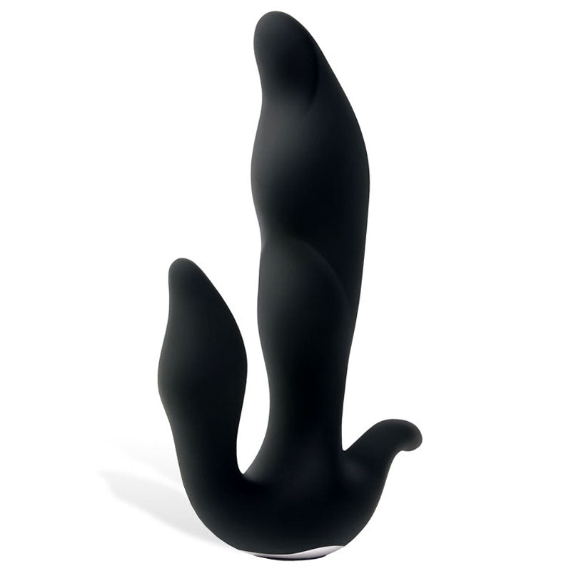 An elegant, black silicone Adam & Eve 3-Point Prostate Massager stands against a white backdrop, showcasing smooth, ergonomic curves with one end designed for prostate stimulation and the other in a wave-like shape. It features adjustable vibration speeds for a modern minimalist appeal and is USB rechargeable.