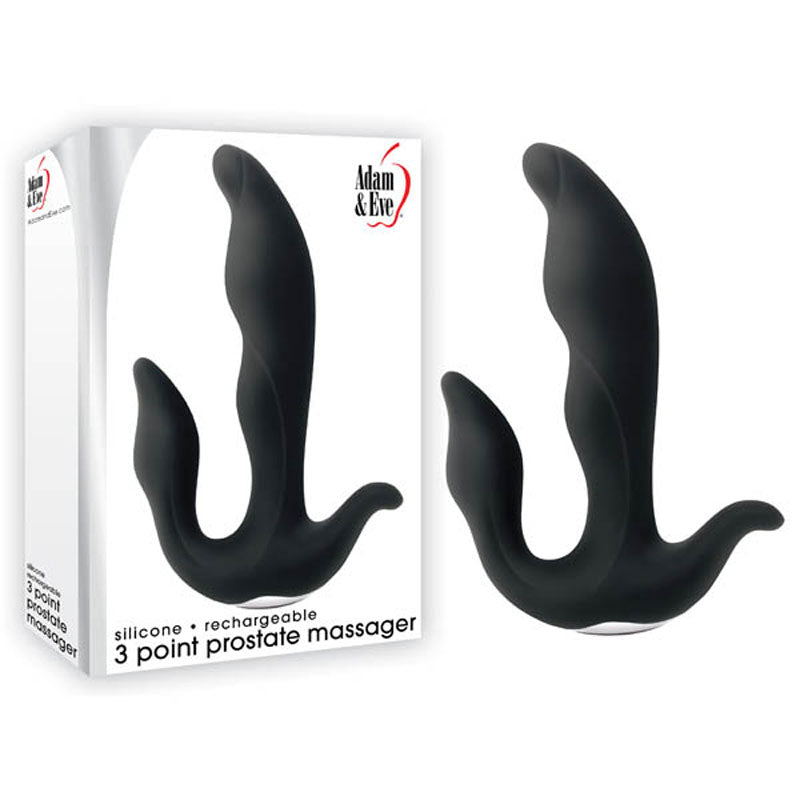 The Adam & Eve 3-Point Prostate Massager, a luxurious black silicone device, features a sleek curved design for targeted stimulation. The box displays silicone rechargeable prostate massager with the brand logo and offers multiple vibration speeds via its three distinct parts.