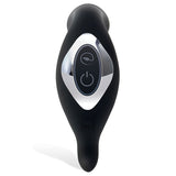 The Adam & Eve 3-Point Prostate Massager is a black, USB rechargeable device with an oval shape and metallic accents on buttons engraved with power symbols. It has a smooth finish, ergonomic design for varied vibration speeds, and a DC label at the tapered end.