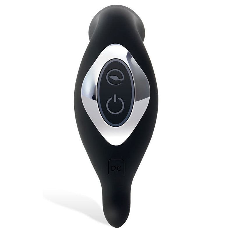 The Adam & Eve 3-Point Prostate Massager features a sleek black silicone design with a shiny silver oval section showcasing power and circular arrow buttons. A curved body, tapering to the end with DC near the base, suggests an adjustable vibration speed with USB charging capability.