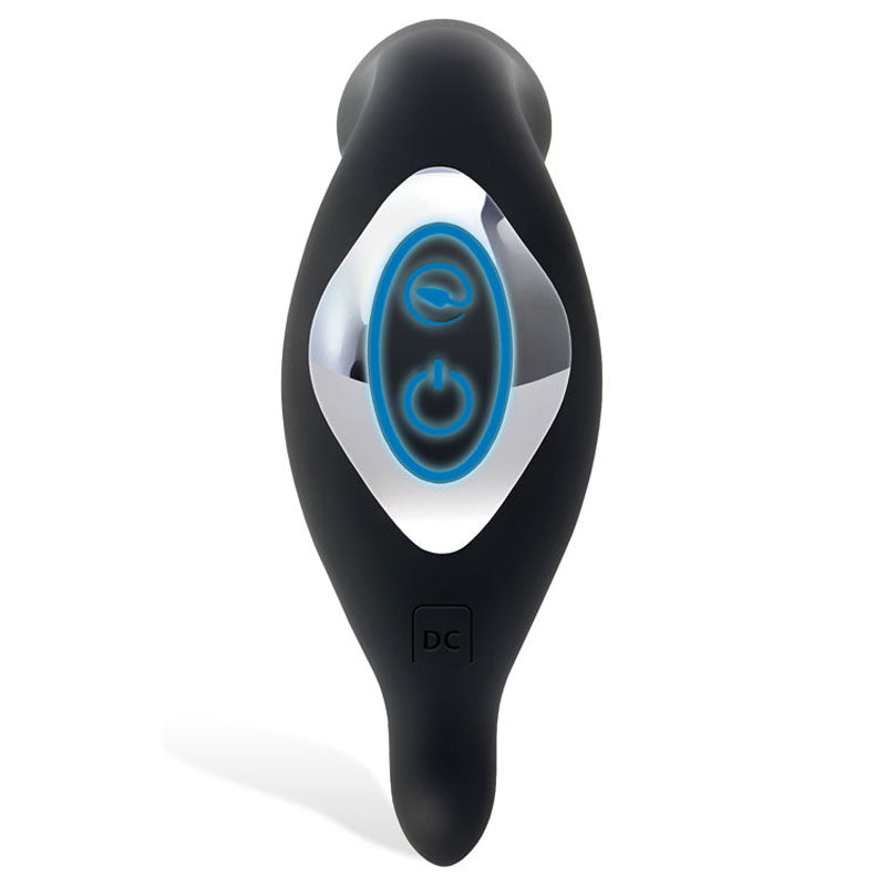 The Adam & Eve 3-Point Prostate Massager, an ergonomic black oval-shaped device, features a reflective panel with a blue spiral and power button. It offers adjustable vibration speeds for personalized comfort and includes a DC input at the bottom.