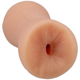 Close-up image of the Stud Ass Palm Pal UltraSkyn Stroker, a flesh-colored cylindrical masturbator with a ridged texture, narrow opening, and textured interior for enhanced sensation. It appears soft and flexible like ULTRASKYN or silicone and is evenly lit without visible markings or logos.