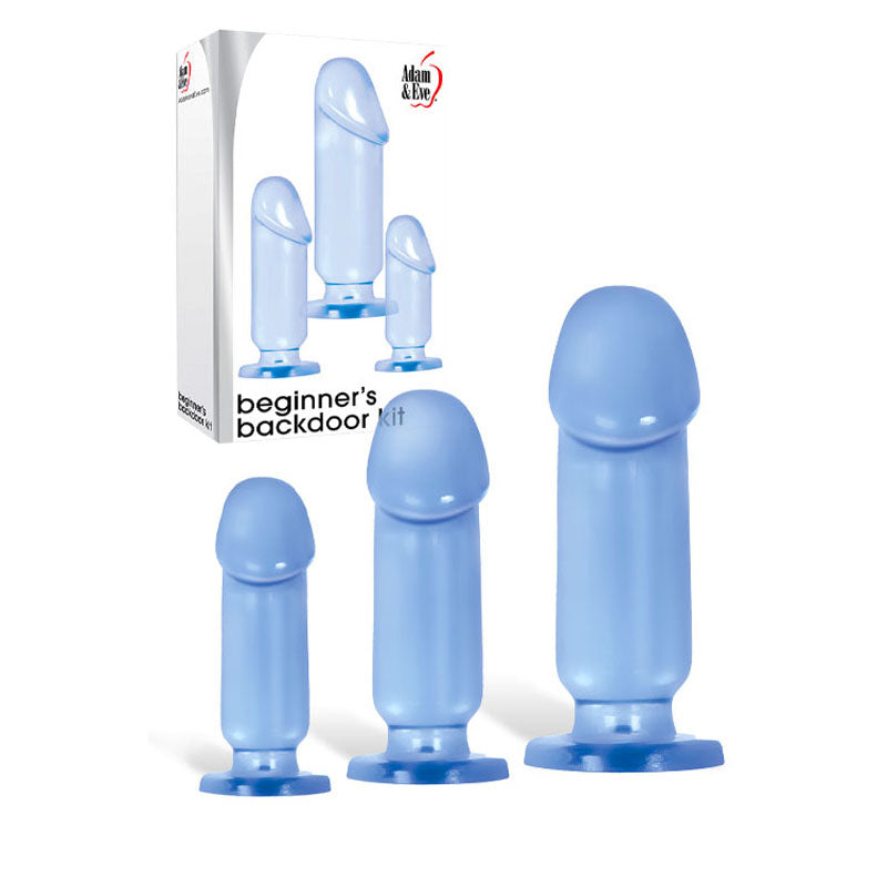 Three blue, flexible penis-shaped plugs in different sizes with strong suction cups are showcased on a white backdrop. The packaging in the background features images of the plugs and Adam & Eve Beginners Backdoor Kit - Clear Butt Plugs - Set of 3 Sizes branding.