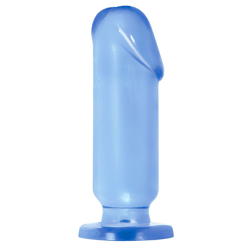 A translucent blue silicone plug with a smooth surface and flared base is part of the Adam & Eve Beginners Backdoor Kit, known for its flexible design and including three clear butt plugs of varying sizes.