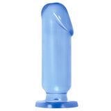 The Adam & Eve Beginners Backdoor Kit features a translucent blue, cylindrical silicone plug with a rounded tip and strong suction cup base. Its smooth, shiny surface enhances its standout presence in any anal toy kit.