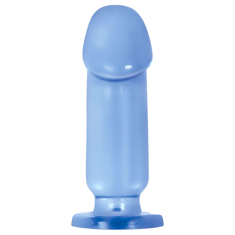 A glossy, blue, flexible plug with a smooth, cylindrical shape from the Adam & Eve Beginners Backdoor Kit is isolated on a white background.