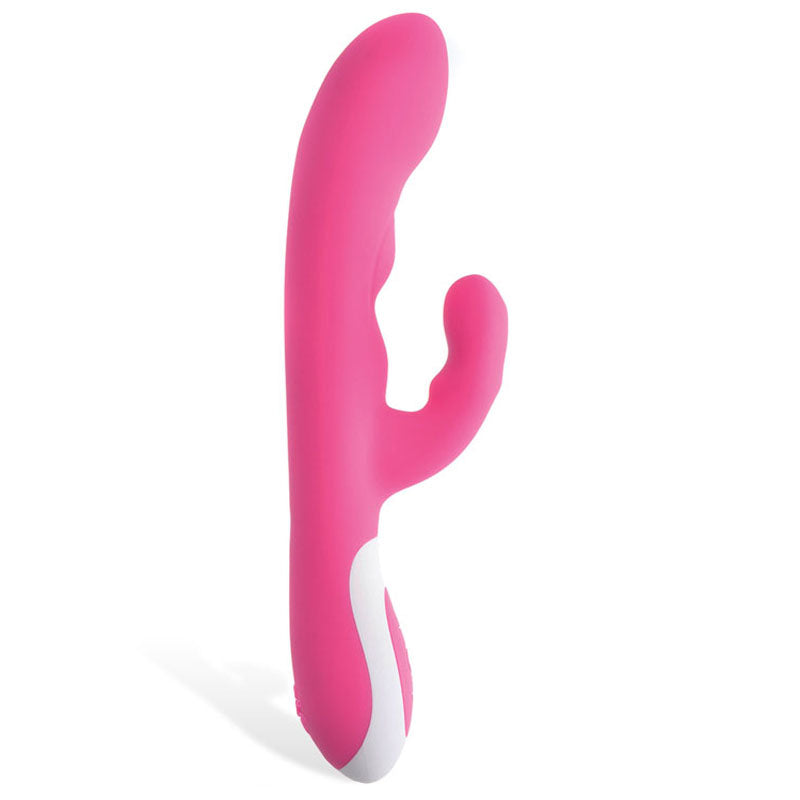 The Adam & Eve The Warming Rabbit G, a pink 21.6 cm USB rechargeable vibrator, features a dual-motor design with a curved main shaft and smaller arm for dual stimulation. It includes a G-Spot tip and has a smooth, ergonomic form with white accents, standing upright against a plain white background.