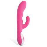 The Adam & Eve Warming Rabbit G is a pink silicone vibrator with a curved shaft and G-Spot tip for dual stimulation, featuring a warming function. It has a smooth main shaft with subtle contours and a flexible arm for extra contact, while the white-accented base adds stylish contrast.