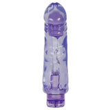 The Adam & Eve Chubby Fun Vibe - Purple 22.9 cm (9) features a unique phallic shape with a textured exterior and rotary base control for multi-speed vibrations. Its purple, translucent design allows visibility of internal components through the semi-transparent material.