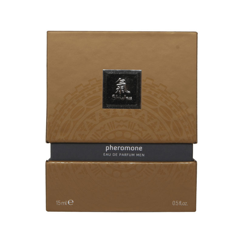 A rectangular box of Shiatsu Pheromone Eau De Parfum Men - Grey is displayed, showcasing an irresistible pheromone fragrance wrapped in brown, adorned with a metallic emblem. White text highlights the volume specs 15 ml and 0.5 fl oz at the bottom corners.