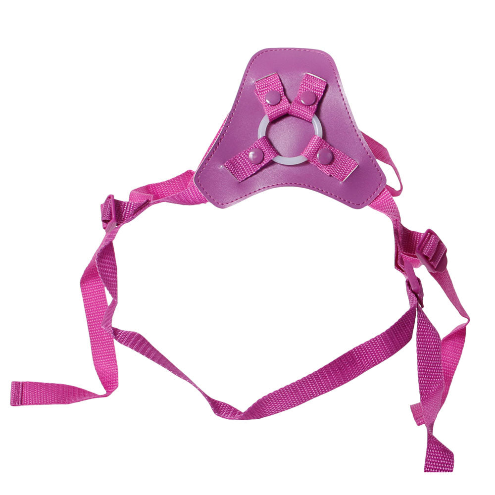 The Adam & Eve Eves Strap-On Playset includes a pink harness with adjustable straps and buckles featuring a triangular padded waist for comfort and safety, plus two long securing straps. The durable material ensures reliable use.